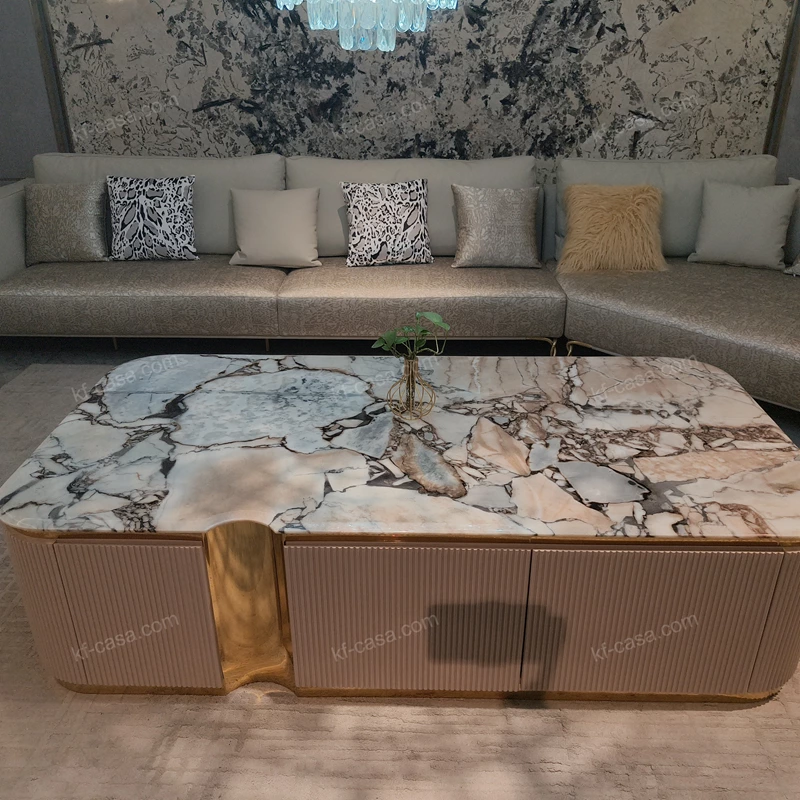 Luxury Marble-Top Coffee Table with Ribbed Wood Veneer and Gold Accents